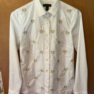 White JCrew blouse w/embroidered gold hearts, sz 2